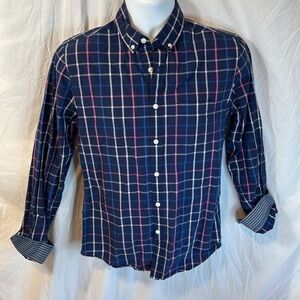 Gently used Express blue plaid soft wash button-up casual shirt size small